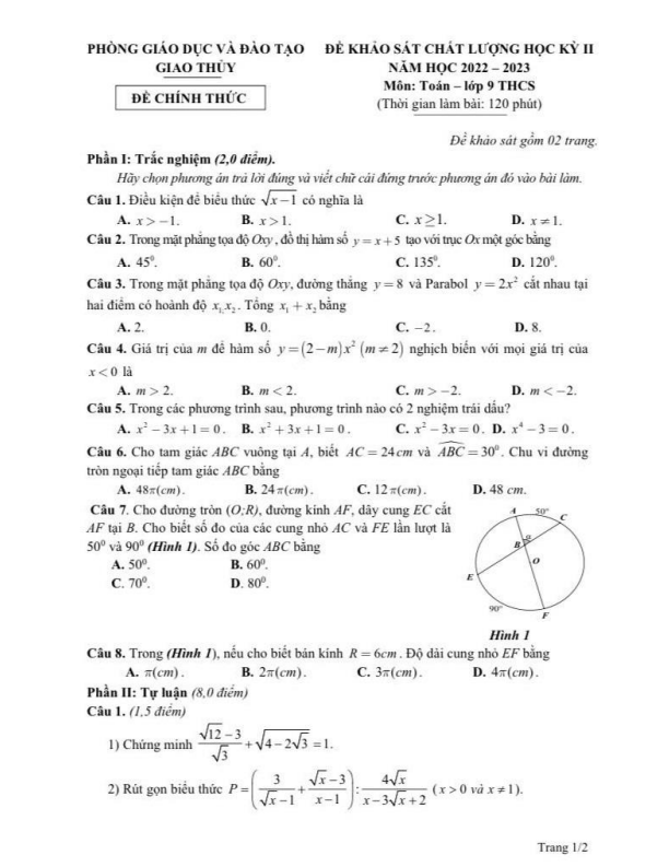 Đề học kỳ 2 Toán 9 năm 2022 – 2023 phòng GD&ĐT Giao Thuỷ – Nam Định