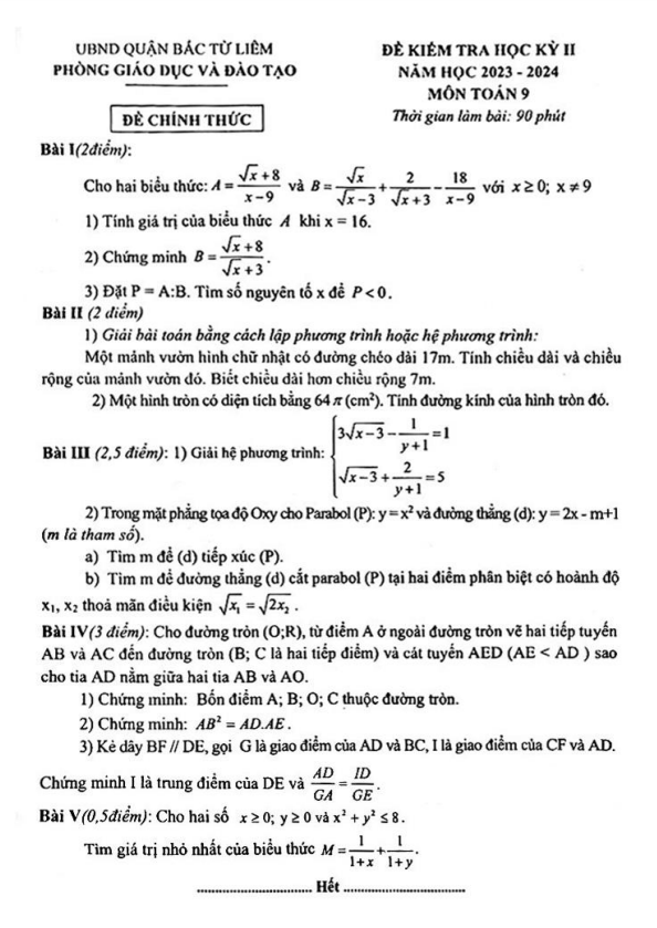 Đề học kỳ 2 Toán 9 năm 2023 – 2024 phòng GD&ĐT Bắc Từ Liêm – Hà Nội