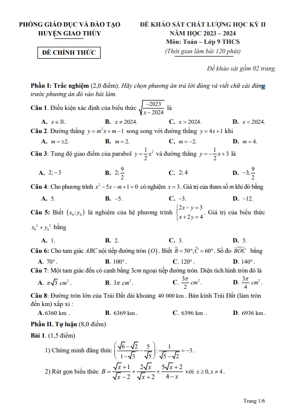 Đề học kỳ 2 Toán 9 năm 2023 – 2024 phòng GD&ĐT Giao Thủy – Nam Định