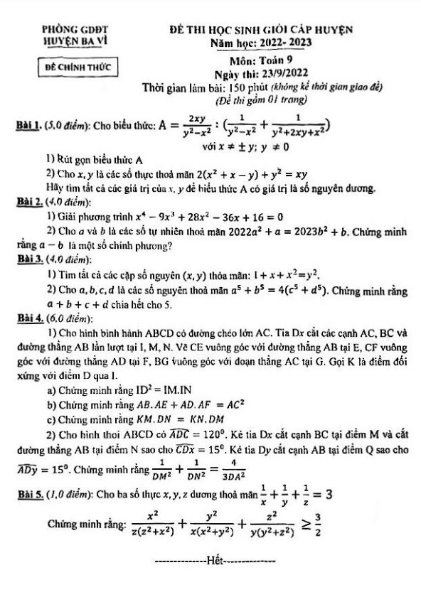 Đề học sinh giỏi cấp huyện Toán 9 năm 2022 – 2023 phòng GD&ĐT Ba Vì – Hà Nội