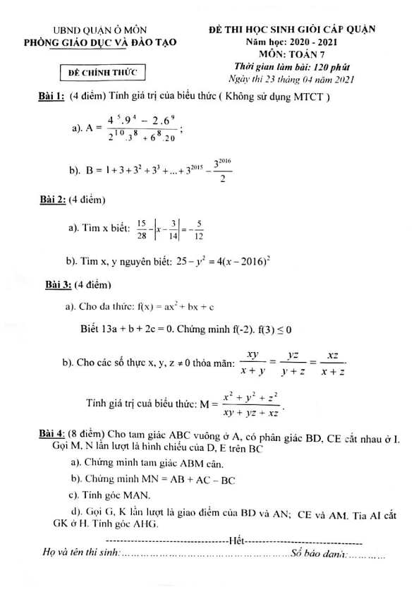 Đề học sinh giỏi cấp quận Toán 7 năm 2020 – 2021 phòng GD&ĐT Ô Môn – Cần Thơ