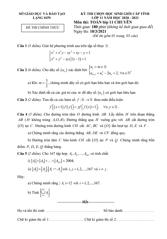Đề học sinh giỏi cấp tỉnh Toán 11 chuyên năm 2020 – 2021 sở GD&ĐT Lạng Sơn