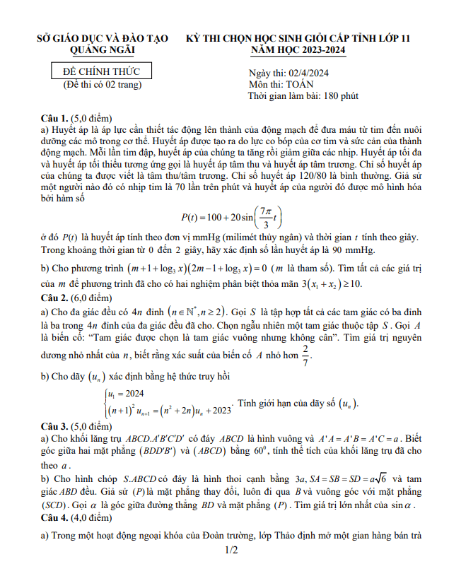 Đề học sinh giỏi cấp tỉnh Toán 11 năm 2023 – 2024 sở GD&ĐT Quảng Ngãi
