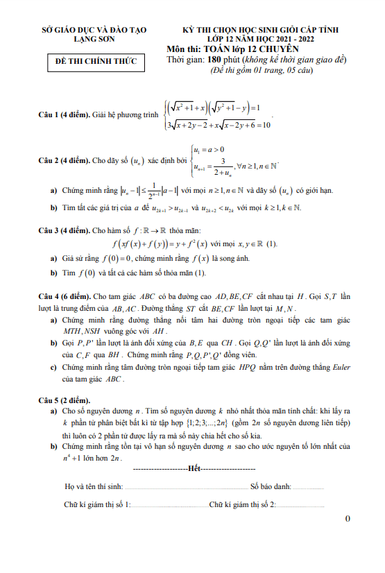 Đề học sinh giỏi cấp tỉnh Toán 12 chuyên năm 2021 – 2022 sở GD&ĐT Lạng Sơn