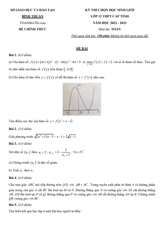 Đề học sinh giỏi cấp tỉnh Toán 12 năm 2022 – 2023 sở GD&ĐT Bình Thuận