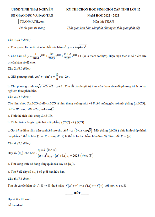 Đề học sinh giỏi cấp tỉnh Toán 12 năm 2022 – 2023 sở GD&ĐT Thái Nguyên