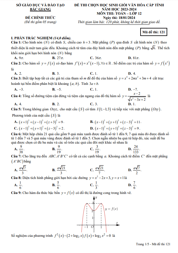 Đề học sinh giỏi cấp tỉnh Toán 12 năm 2023 – 2024 sở GD&ĐT Bắc Giang