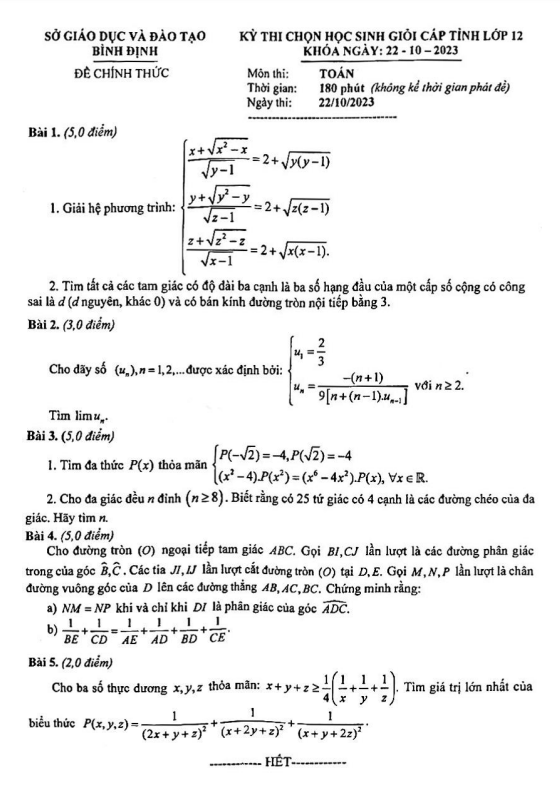 Đề học sinh giỏi cấp tỉnh Toán 12 năm 2023 – 2024 sở GD&ĐT Bình Định