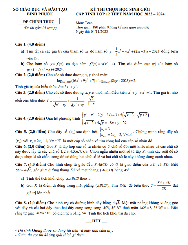 Đề học sinh giỏi cấp tỉnh Toán 12 năm 2023 – 2024 sở GD&ĐT Bình Phước