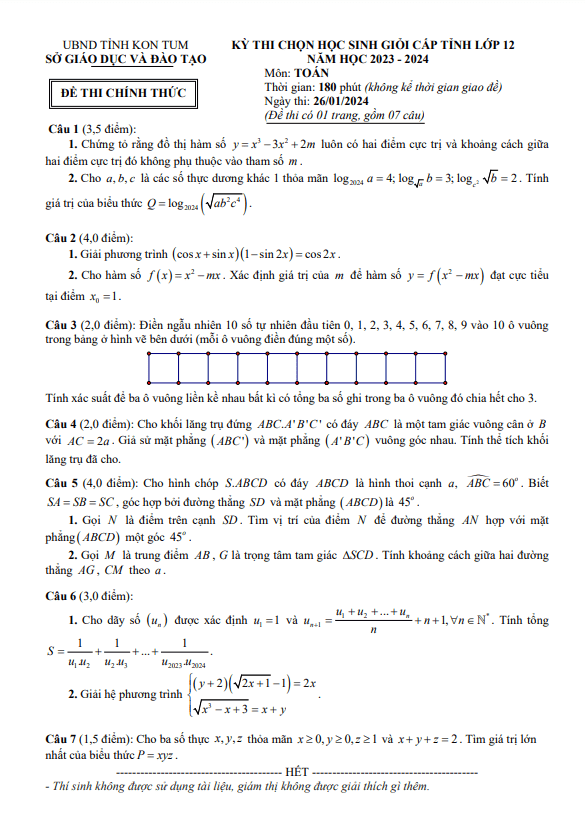 Đề học sinh giỏi cấp tỉnh Toán 12 năm 2023 – 2024 sở GD&ĐT Kon Tum