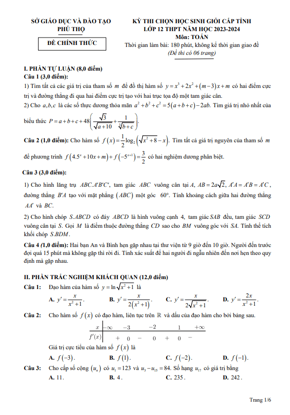 Đề học sinh giỏi cấp tỉnh Toán 12 năm 2023 – 2024 sở GD&ĐT Phú Thọ