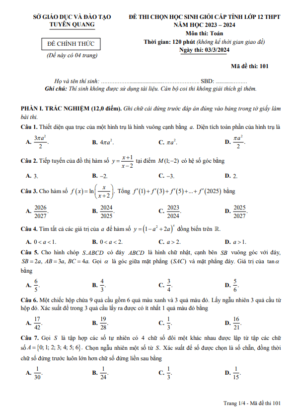 Đề học sinh giỏi cấp tỉnh Toán 12 năm 2023 – 2024 sở GD&ĐT Tuyên Quang