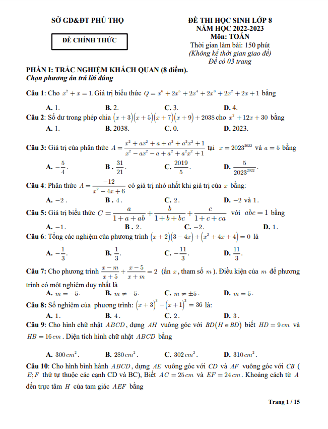 Đề học sinh giỏi cấp tỉnh Toán 8 năm 2022 – 2023 sở GD&ĐT Phú Thọ
