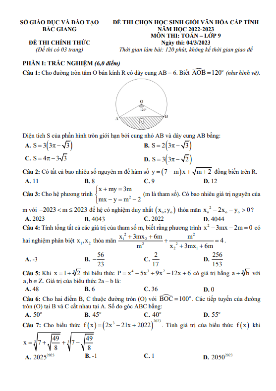 Đề học sinh giỏi cấp tỉnh Toán 9 năm 2022 – 2023 sở GD&ĐT Bắc Giang