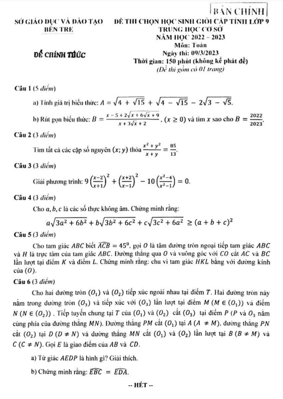 Đề học sinh giỏi cấp tỉnh Toán 9 năm 2022 – 2023 sở GD&ĐT Bến Tre