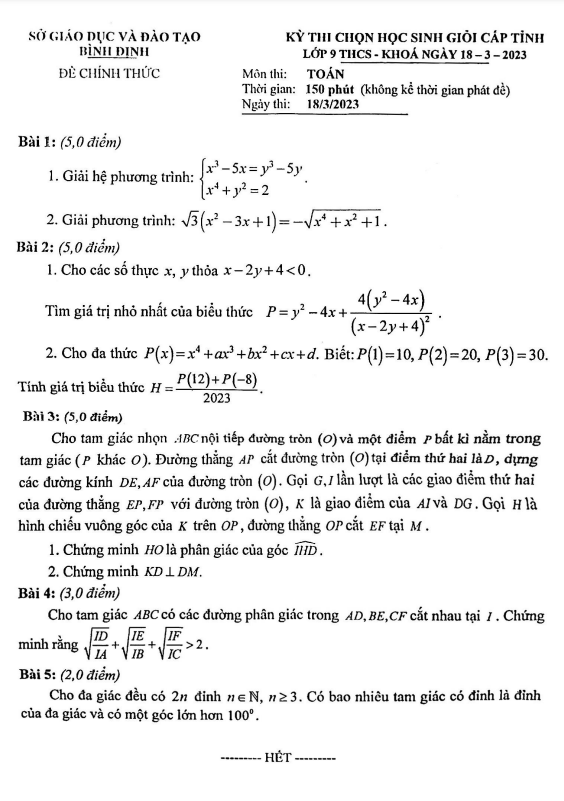 Đề học sinh giỏi cấp tỉnh Toán 9 năm 2022 – 2023 sở GD&ĐT Bình Định