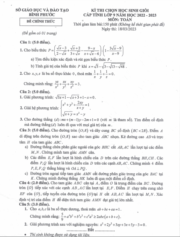 Đề học sinh giỏi cấp tỉnh Toán 9 năm 2022 – 2023 sở GD&ĐT Bình Phước