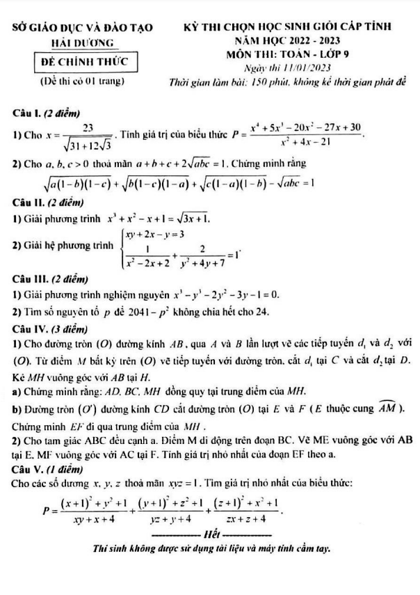 Đề học sinh giỏi cấp tỉnh Toán 9 năm 2022 – 2023 sở GD&ĐT Hải Dương