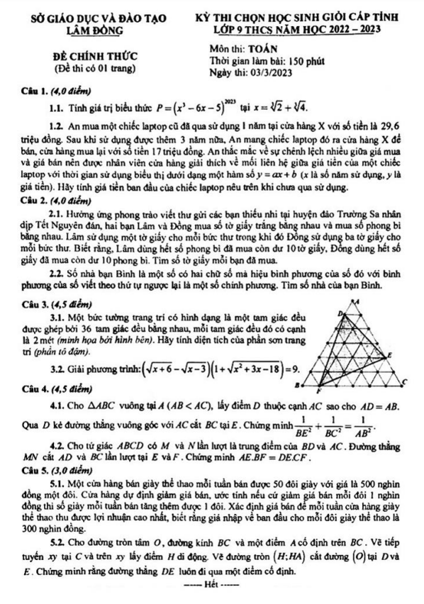 Đề học sinh giỏi cấp tỉnh Toán 9 năm 2022 – 2023 sở GD&ĐT Lâm Đồng