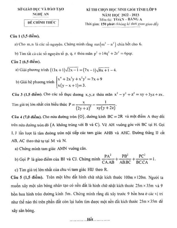 Đề học sinh giỏi cấp tỉnh Toán 9 năm 2022 – 2023 sở GD&ĐT Nghệ An