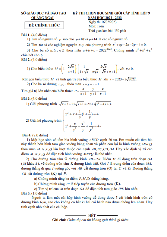 Đề học sinh giỏi cấp tỉnh Toán 9 năm 2022 – 2023 sở GD&ĐT Quảng Ngãi