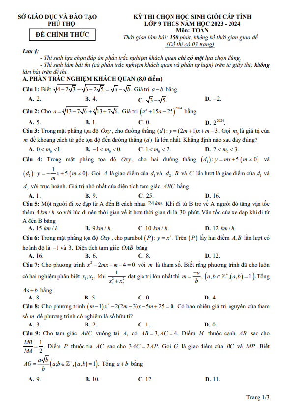 Đề học sinh giỏi cấp tỉnh Toán 9 năm 2023 – 2024 sở GD&ĐT Phú Thọ