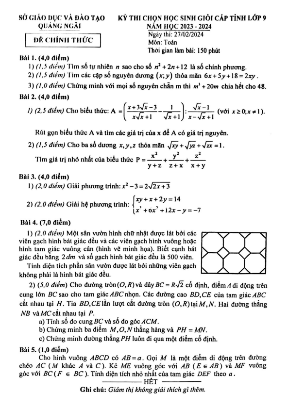 Đề học sinh giỏi cấp tỉnh Toán 9 năm 2023 – 2024 sở GD&ĐT Quảng Ngãi