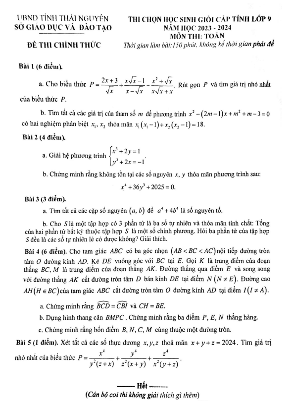 Đề học sinh giỏi cấp tỉnh Toán 9 năm 2023 – 2024 sở GD&ĐT Thái Nguyên