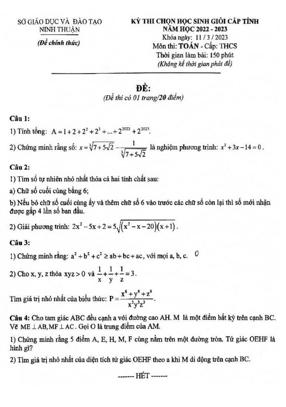 Đề học sinh giỏi cấp tỉnh Toán THCS năm 2022 – 2023 sở GD&ĐT Ninh Thuận
