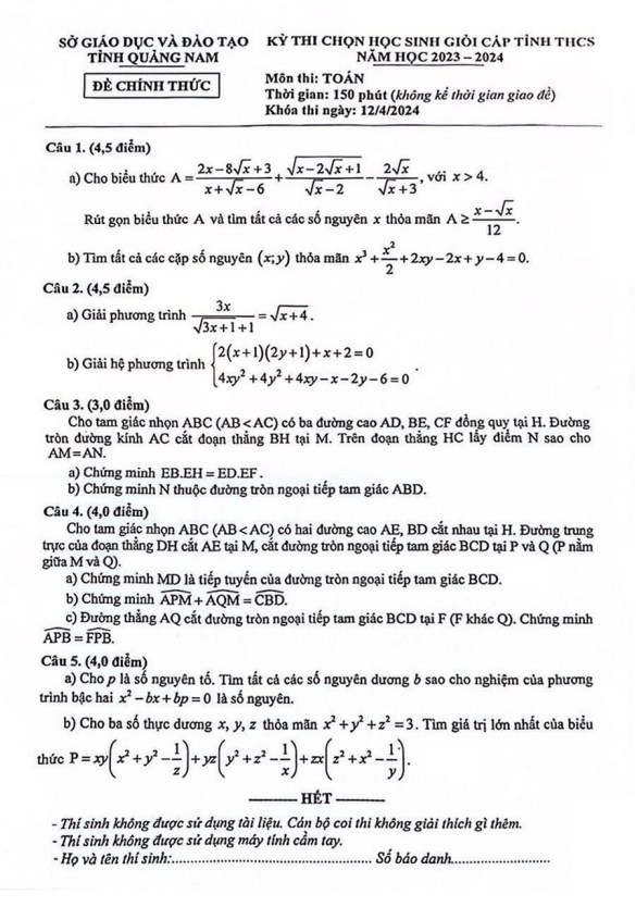 Đề học sinh giỏi cấp tỉnh Toán THCS năm 2023 – 2024 sở GD&ĐT Quảng Nam