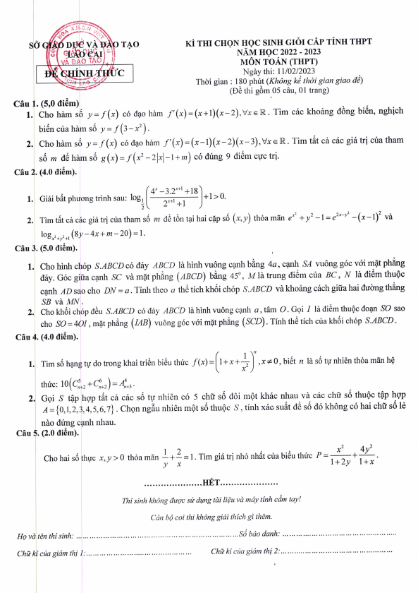 Đề học sinh giỏi cấp tỉnh Toán THPT năm 2022 – 2023 sở GD&ĐT Lào Cai