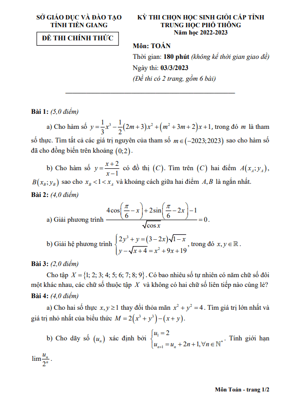 Đề học sinh giỏi cấp tỉnh Toán THPT năm 2022 – 2023 sở GD&ĐT Tiền Giang