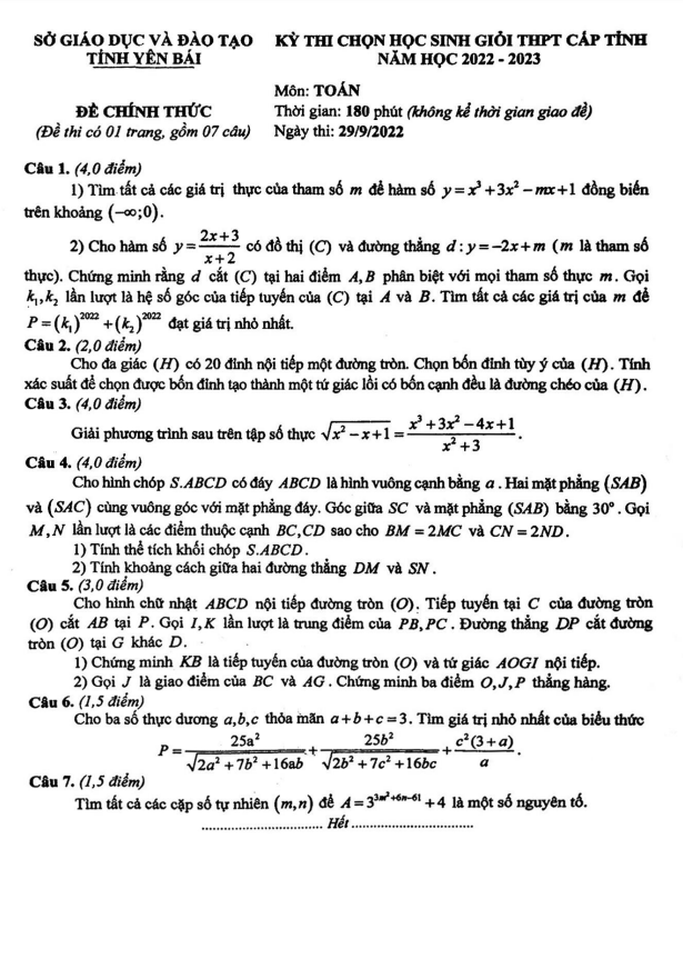 Đề học sinh giỏi cấp tỉnh Toán THPT năm 2022 – 2023 sở GD&ĐT Yên Bái