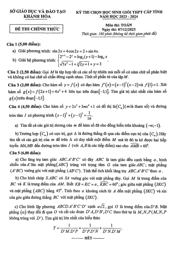 Đề học sinh giỏi cấp tỉnh Toán THPT năm 2023 – 2024 sở GD&ĐT Khánh Hòa