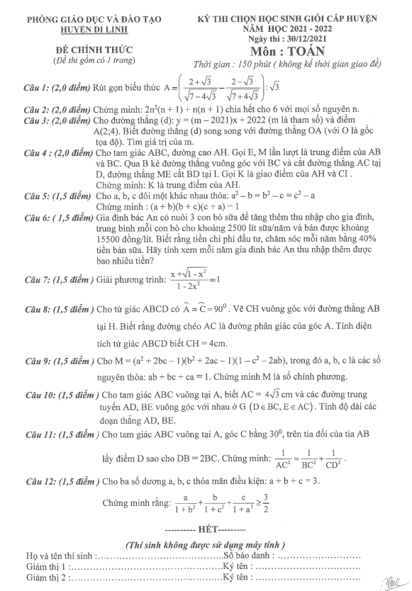 Đề học sinh giỏi huyện môn Toán năm 2021 – 2022 phòng GD&ĐT Di Linh – Lâm Đồng
