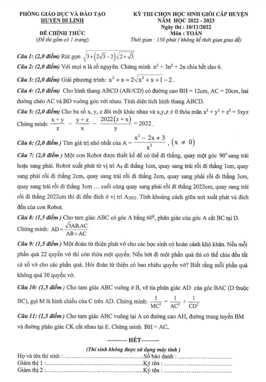 Đề học sinh giỏi huyện môn Toán năm 2022 – 2023 phòng GD&ĐT Di Linh – Lâm Đồng