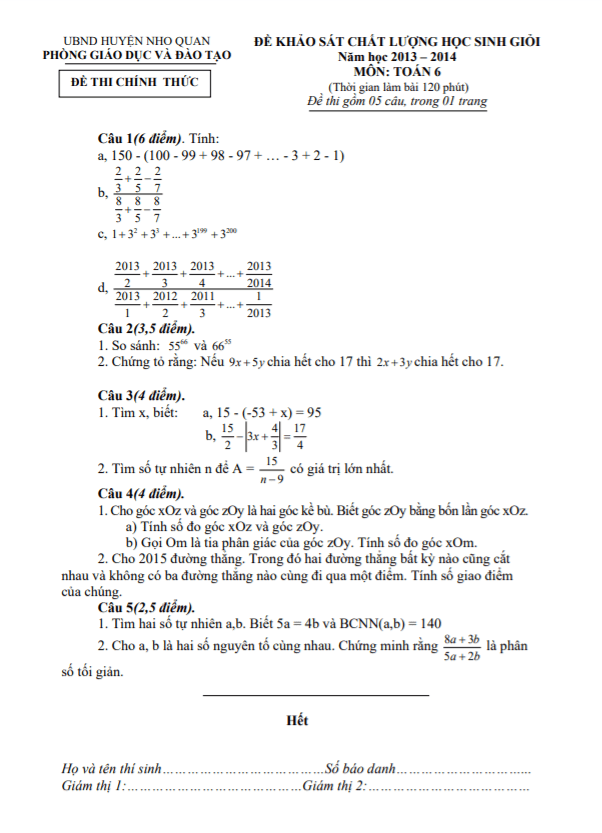 Đề học sinh giỏi huyện Toán 6 năm 2013 – 2014 phòng GD&ĐT Nho Quan – Ninh Bình
