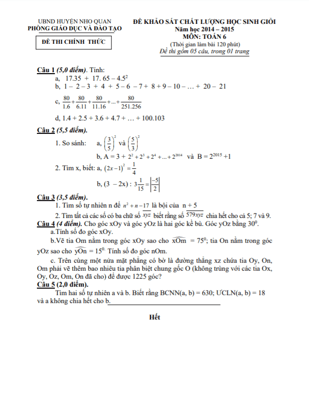 Đề học sinh giỏi huyện Toán 6 năm 2014 – 2015 phòng GD&ĐT Nho Quan – Ninh Bình