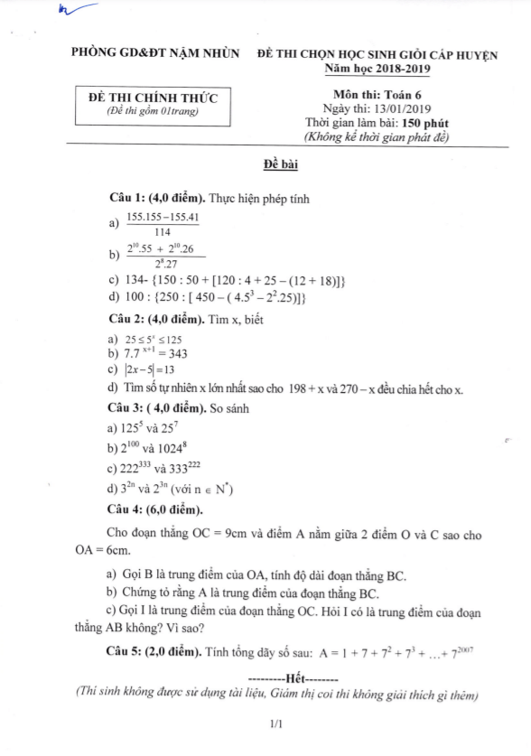 Đề học sinh giỏi huyện Toán 6 năm 2018 – 2019 phòng GD&ĐT Nậm Nhùn – Lai Châu