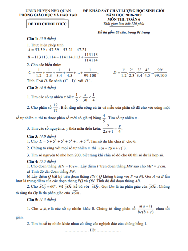 Đề học sinh giỏi huyện Toán 6 năm 2018 – 2019 phòng GD&ĐT Nho Quan – Ninh Bình