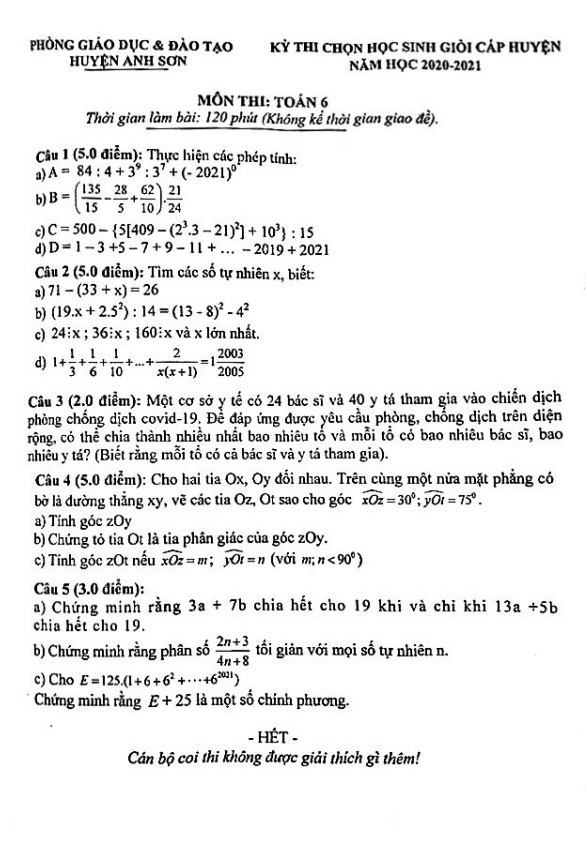Đề học sinh giỏi huyện Toán 6 năm 2020 – 2021 phòng GD&ĐT Anh Sơn – Nghệ An