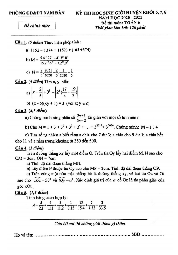Đề học sinh giỏi huyện Toán 6 năm 2020 – 2021 phòng GD&ĐT Nam Đàn – Nghệ An