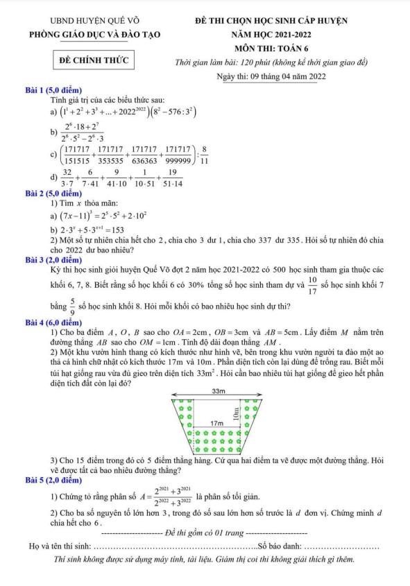 Đề học sinh giỏi huyện Toán 6 năm 2021 – 2022 phòng GD&ĐT Quế Võ – Bắc Ninh