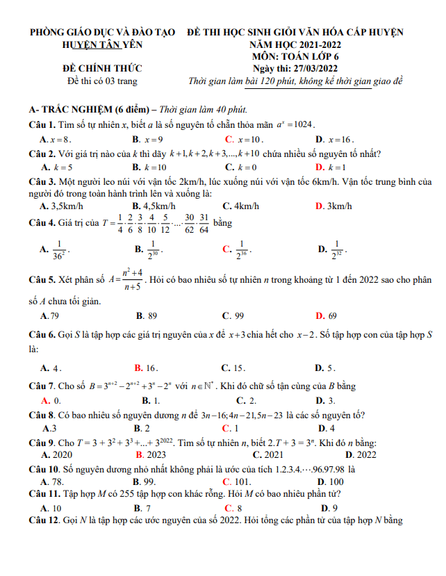 Đề học sinh giỏi huyện Toán 6 năm 2021 – 2022 phòng GD&ĐT Tân Yên – Bắc Giang