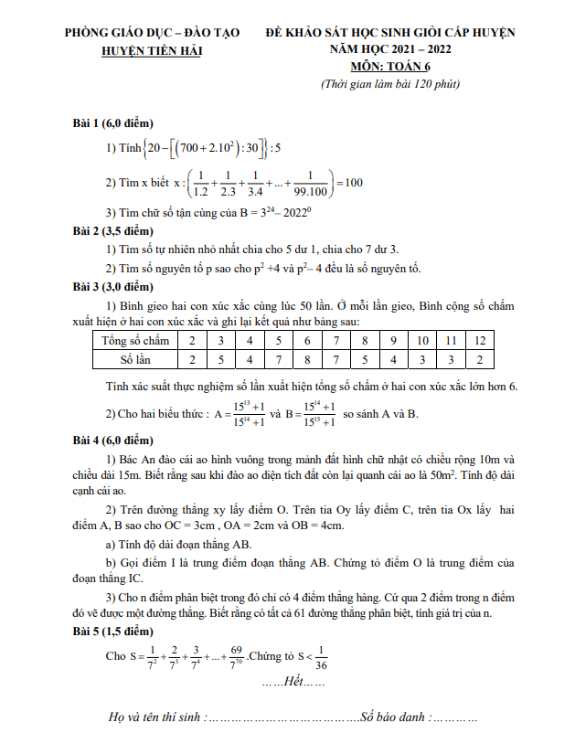 Đề học sinh giỏi huyện Toán 6 năm 2021 – 2022 phòng GD&ĐT Tiền Hải – Thái Bình