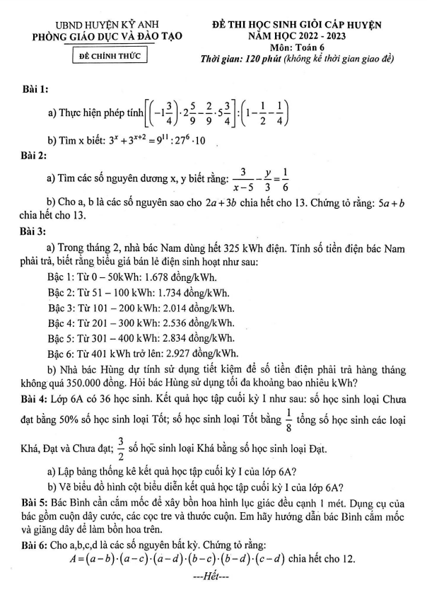 Đề học sinh giỏi huyện Toán 6 năm 2022 – 2023 phòng GD&ĐT Kỳ Anh – Hà Tĩnh