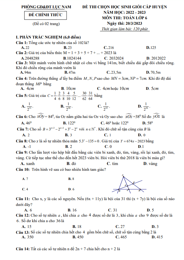 Đề học sinh giỏi huyện Toán 6 năm 2022 – 2023 phòng GD&ĐT Lục Nam – Bắc Giang