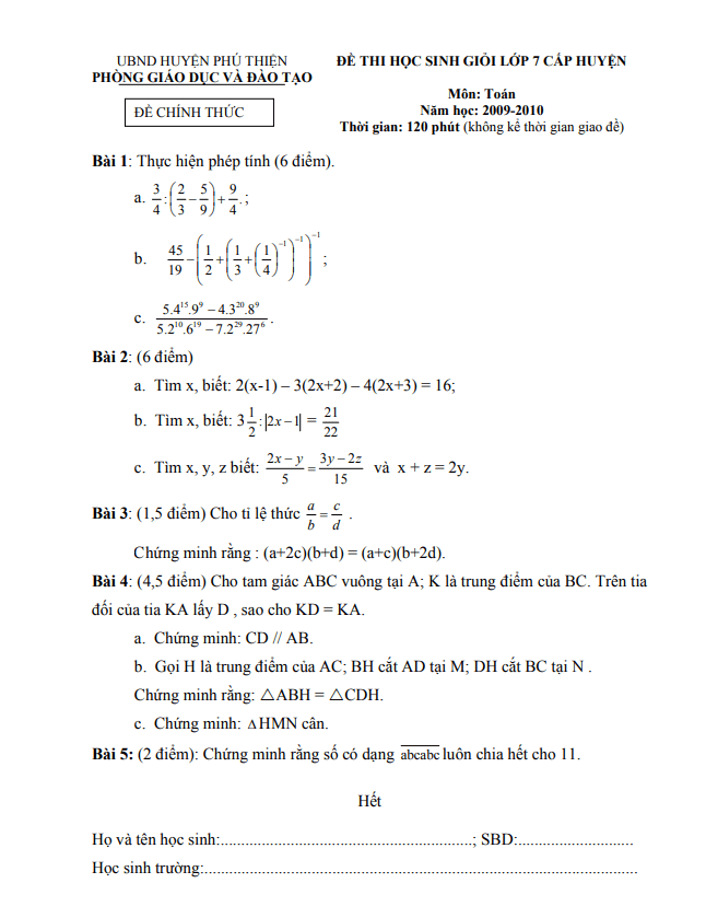 Đề học sinh giỏi huyện Toán 7 năm 2009 – 2010 phòng GD&ĐT Phú Thiện – Gia Lai