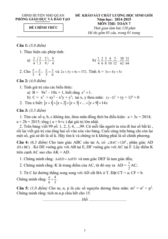 Đề học sinh giỏi huyện Toán 7 năm 2014 – 2015 phòng GD&ĐT Nho Quan – Ninh Bình