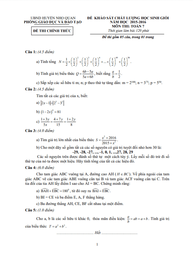 Đề học sinh giỏi huyện Toán 7 năm 2015 – 2016 phòng GD&ĐT Nho Quan – Ninh Bình
